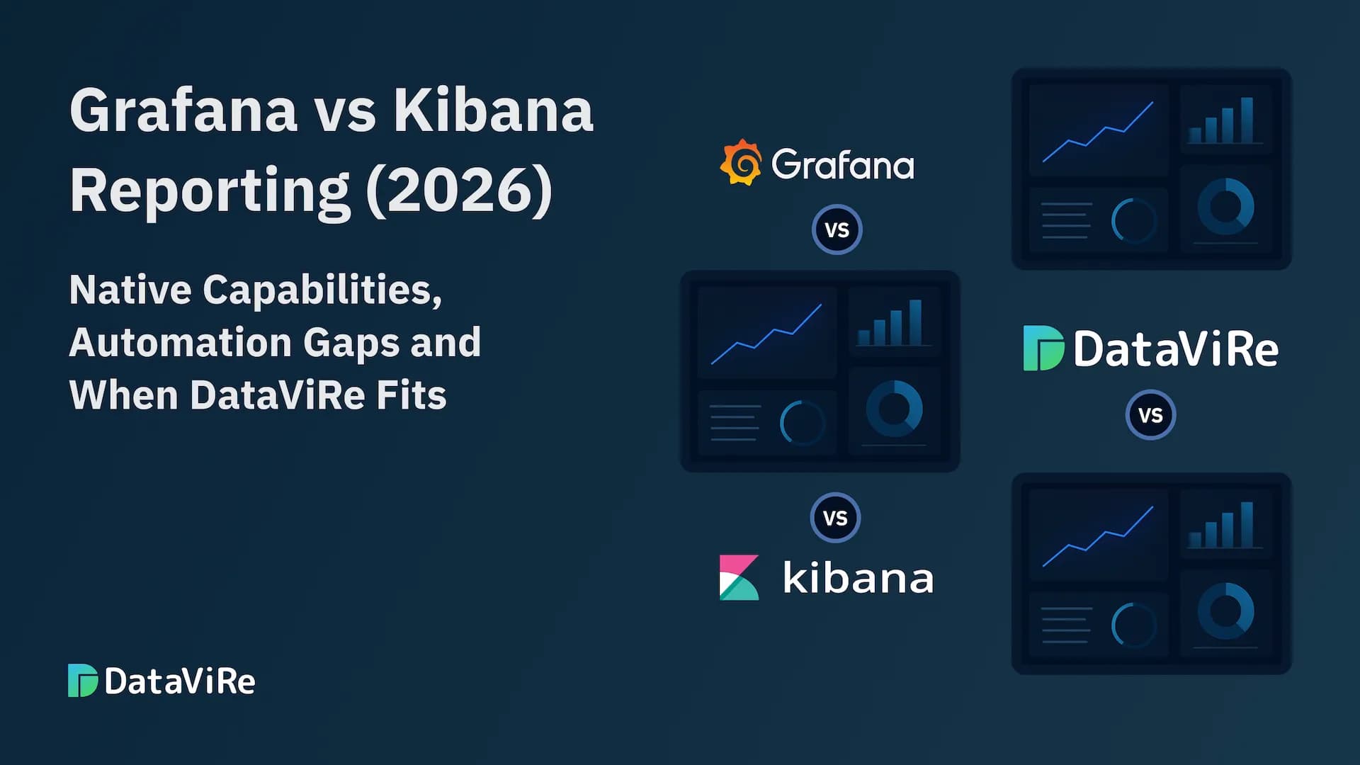 Grafana vs Kibana Reporting (2026): Native Capabilities, Automation Gaps and When DataViRe Fits Grafana vs Kibana Reporting (2026): Native Capabilities, Automation Gaps and When DataViRe Fits